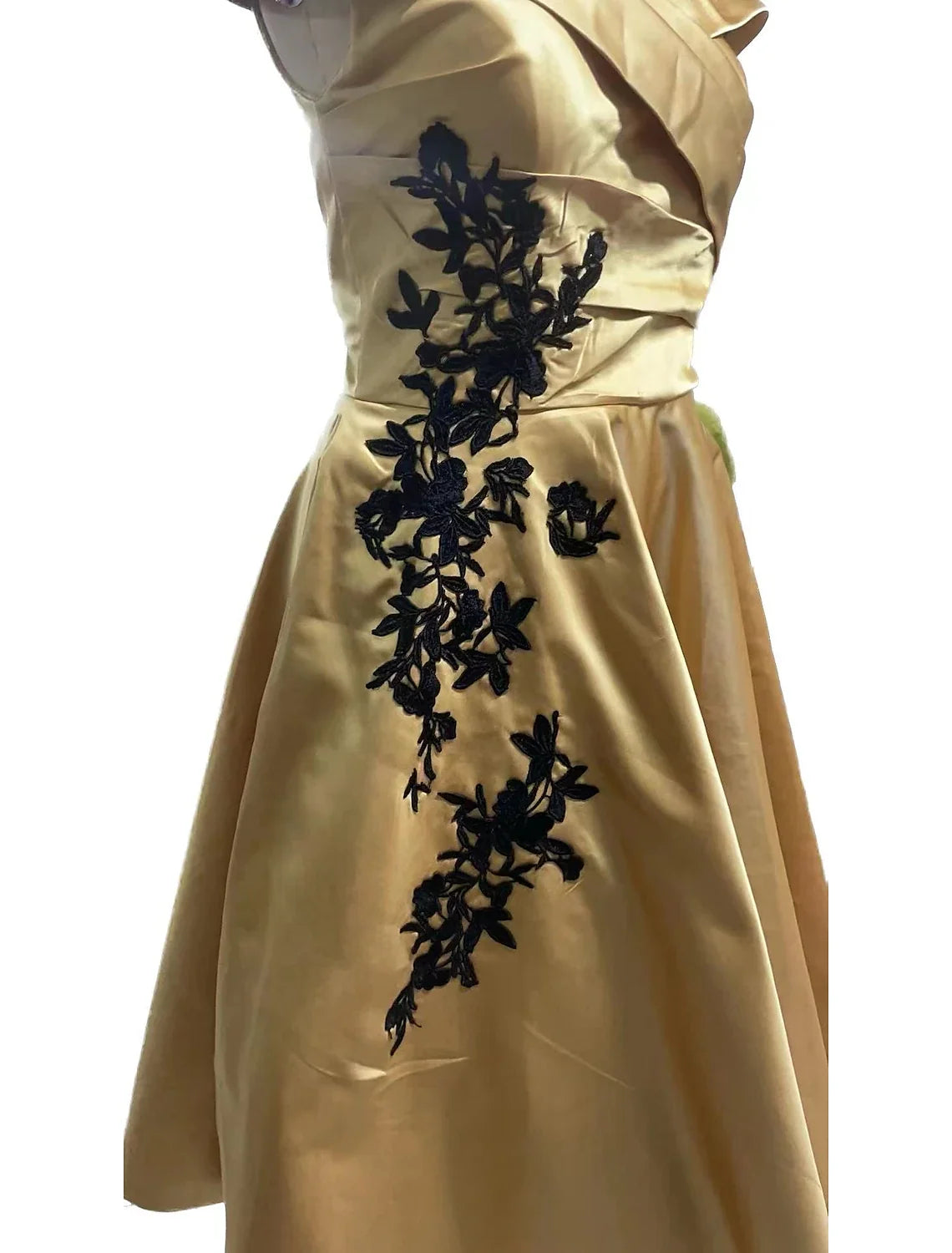 Champagne A-Line Off-Shoulder Satin Sleeveless Pleated Tea-Length Wedding Dress - Chloe Dress