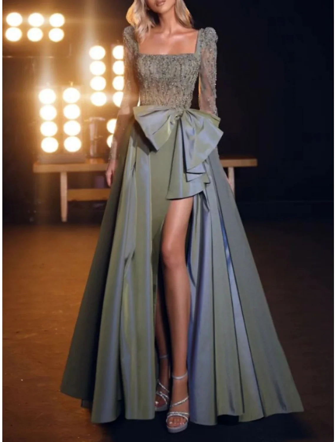 A-Line Square Neck Satin Long Sleeve High Slit Prom Dress - Chloe Dress