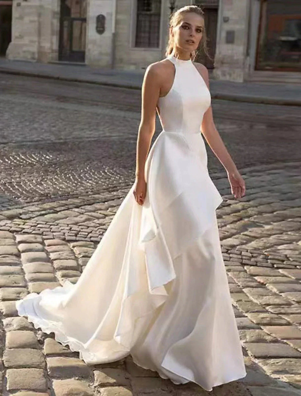 A-Line Halter Satin Sleeveless Open Back Train Wedding Gown - Chloe Dress