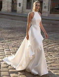 A-Line Halter Satin Sleeveless Open Back Train Wedding Gown - Chloe Dress