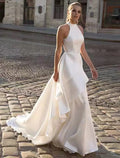 A-Line Halter Satin Sleeveless Open Back Train Wedding Gown - Chloe Dress