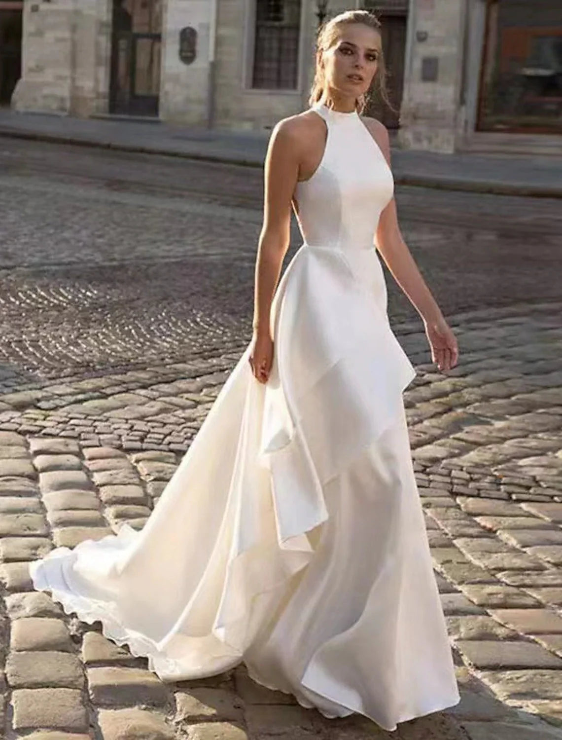 A-Line Halter Satin Sleeveless Open Back Train Wedding Gown - Chloe Dress