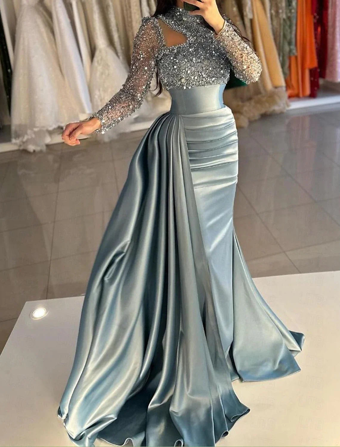 Mermaid High Neck Satin Long Sleeve Train Evening Gown - Chloe Dress