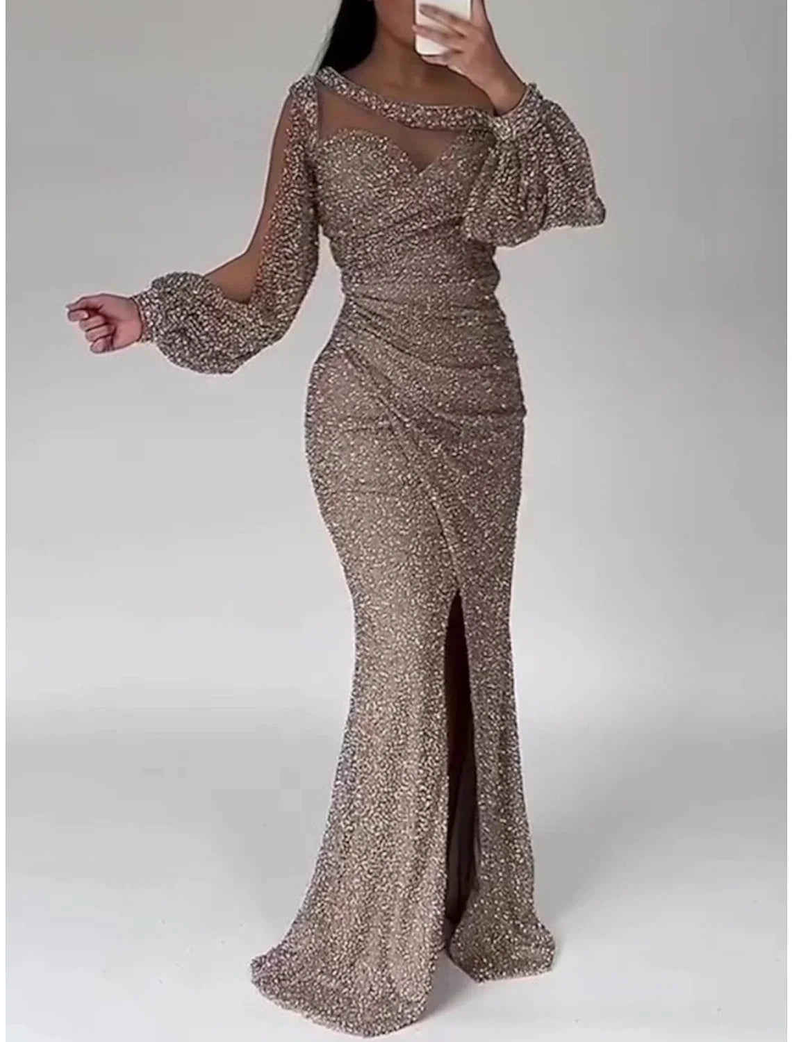 Green Mermaid Sequin Long Sleeve High Slit Evening Gown - Chloe Dress