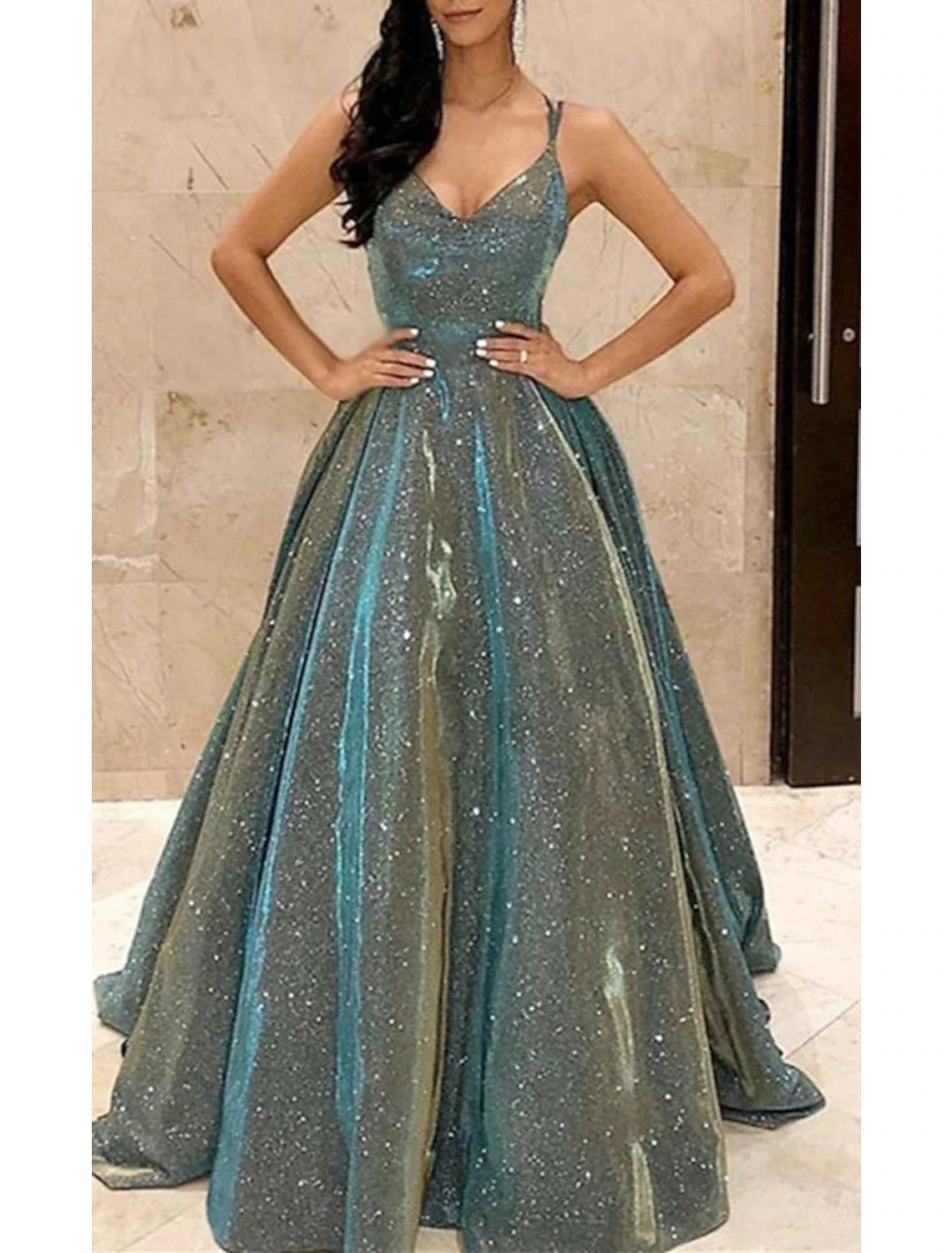 A-Line Spaghetti Strap Sequin Sleeveless Train Prom Dress - Chloe Dress