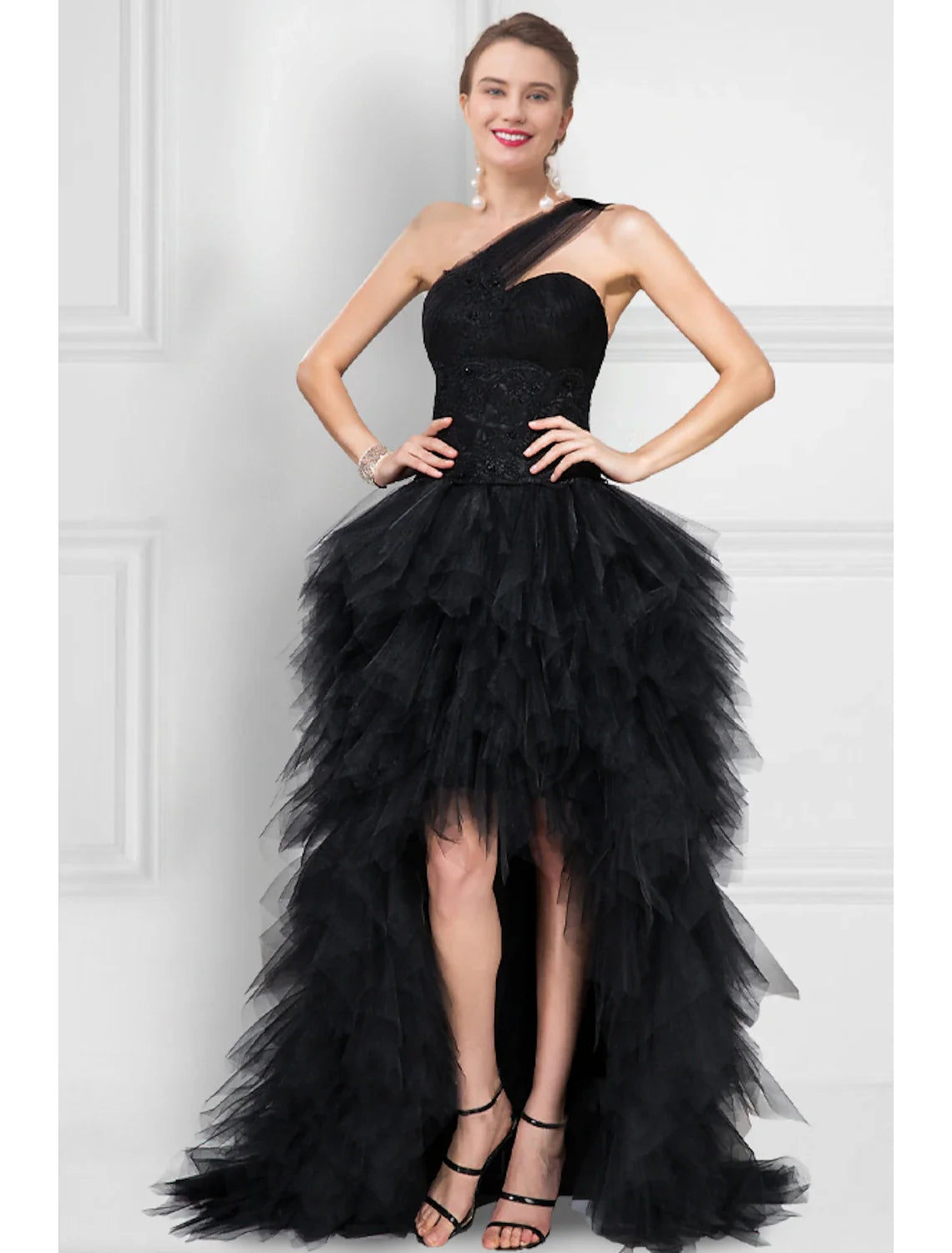 Black Ball Gown One-Shoulder Tulle Sleeveless Tiered Prom Gown - Chloe Dress