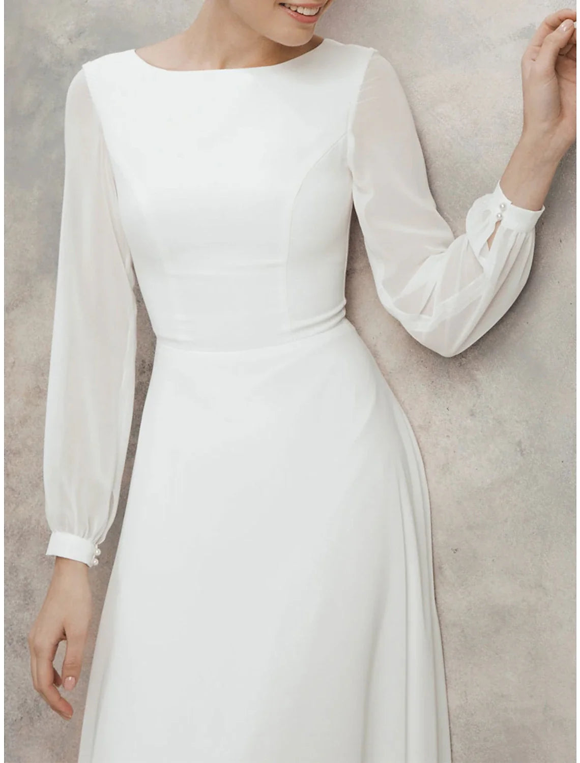 White A-Line Cotton Long Sleeve Ruffled Tea-Length Wedding Dress - Chloe Dress