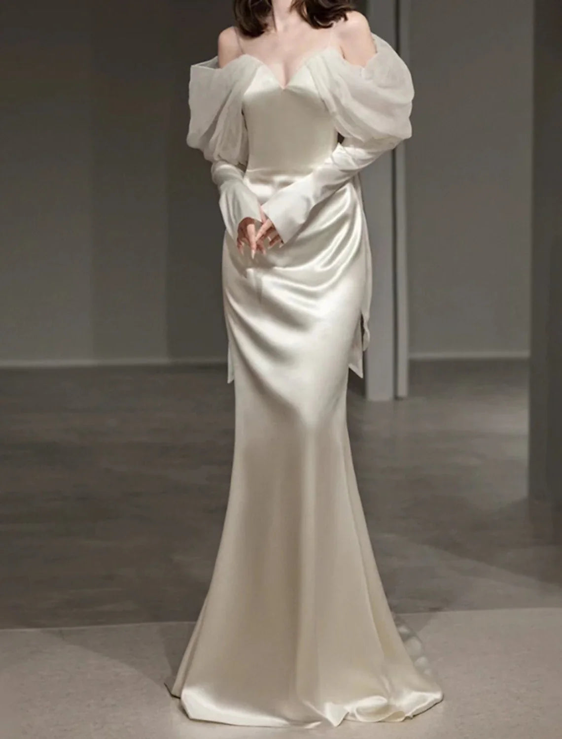 Mermaid Sweetheart Satin Long Sleeve Button Back Floor-Length Evening Gown - Chloe Dress