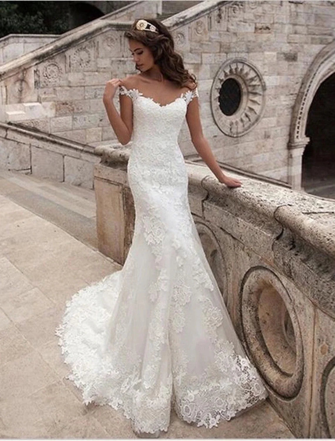 Mermaid Off-Shoulder Lace Cap Sleeve Open Back Train Wedding Gown - Chloe Dress
