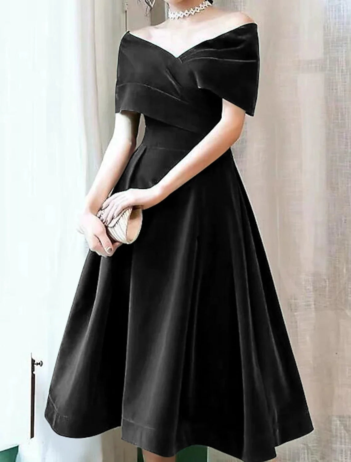 Black A-Line Off-Shoulder Velvet Short Sleeve Pleated Mini Wedding Dress - Chloe Dress