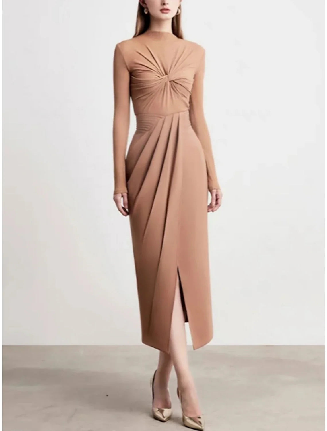 Sheath High Neck Long Sleeve High Slit Tea-Length Evening Gown - Chloe Dress