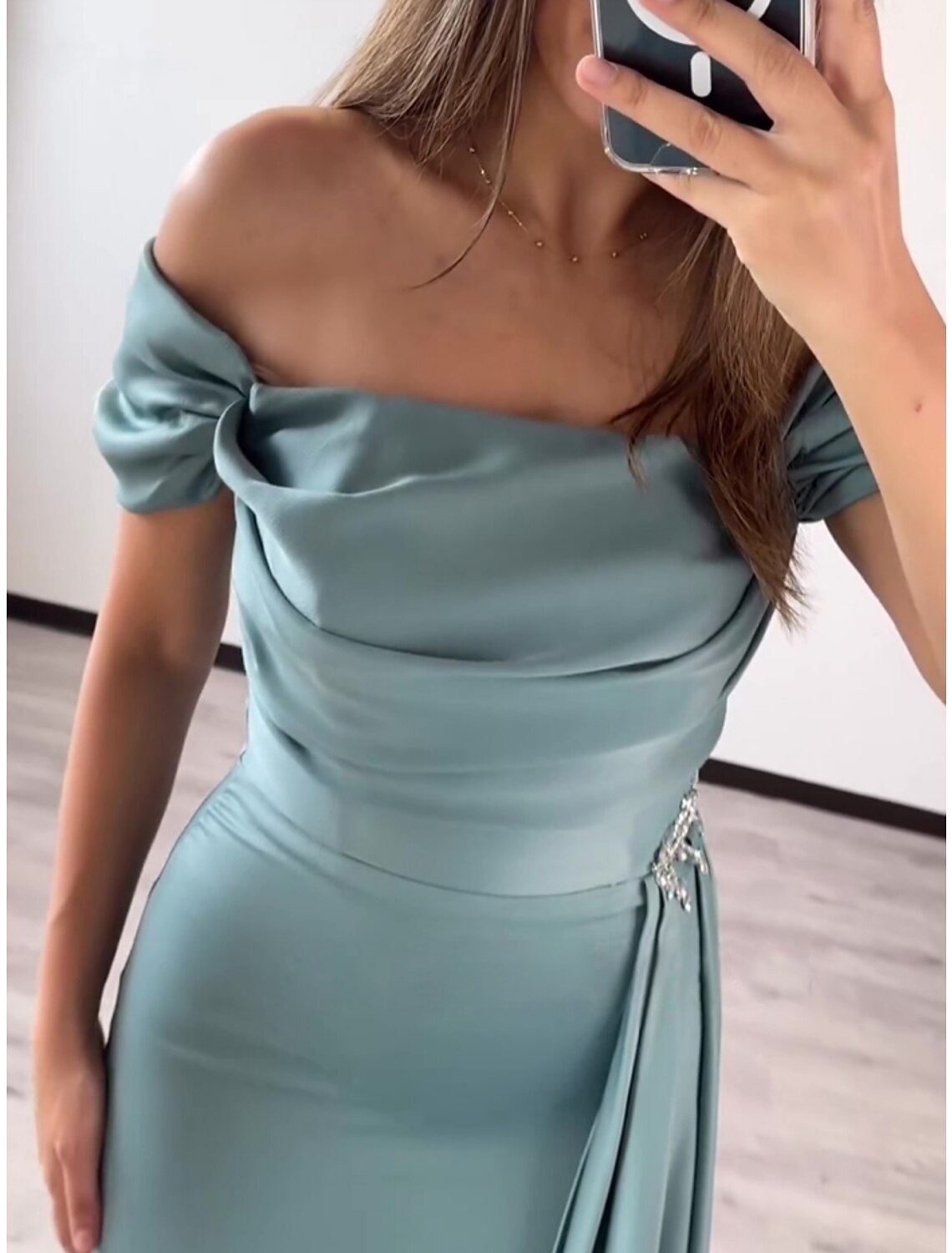 Sheath Square Neck Satin Short Sleeve Pleated Mini Evening Gown - Chloe Dress