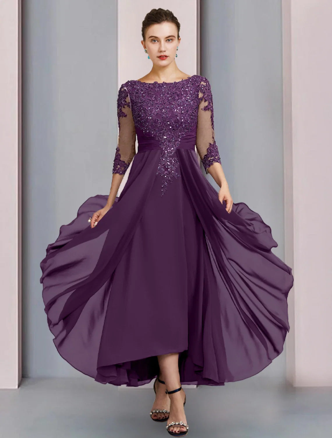 Sheath Chiffon Three-Quarter Sleeve Pleated Ankle-Length Wedding Dress - Chloe Dress