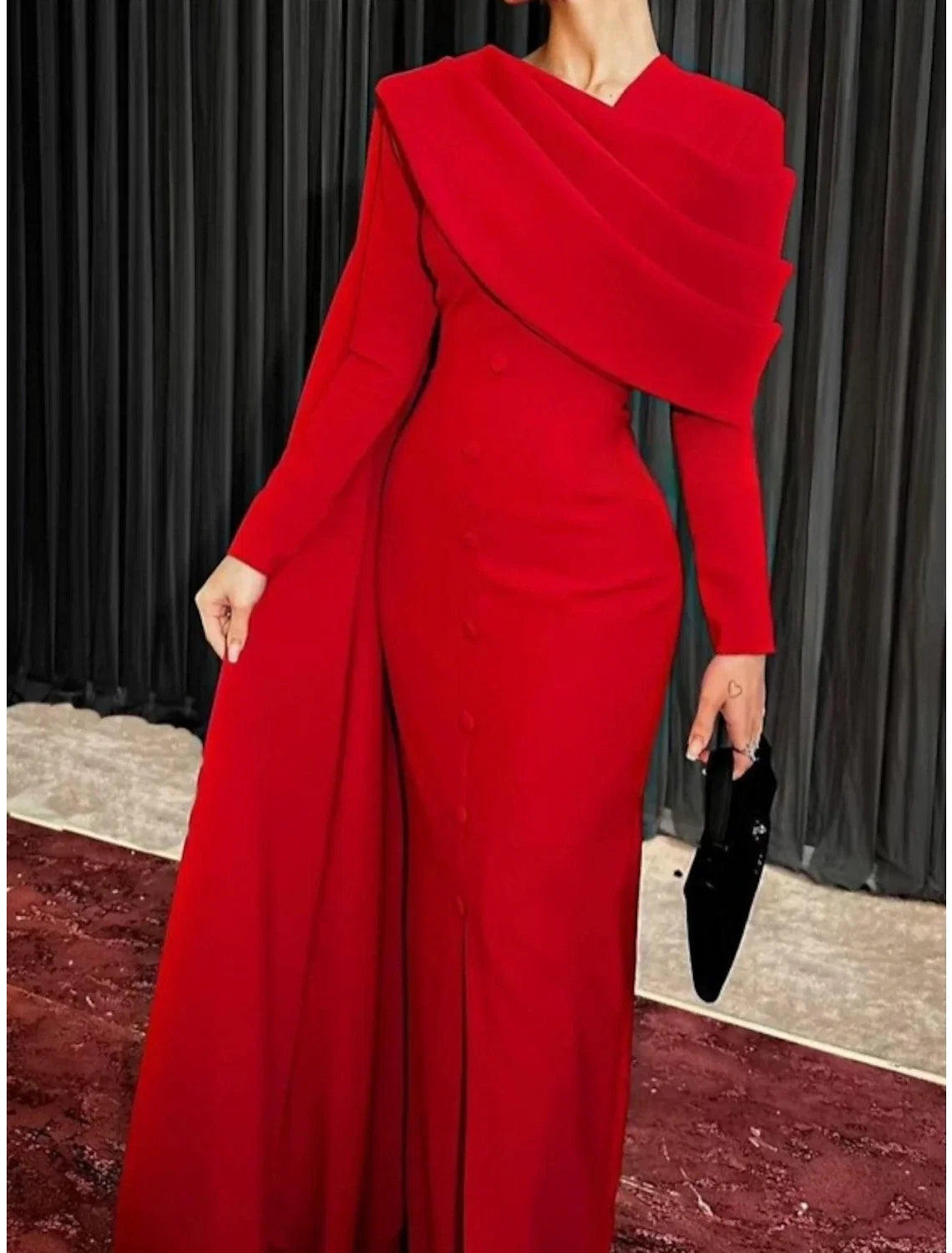 Black Sheath Cowl Neck Long Sleeve Button Back High Slit Evening Gown - Chloe Dress
