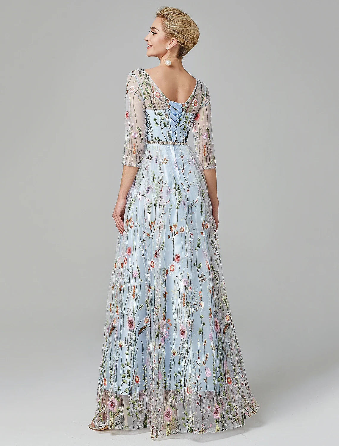 A-Line Illusion Lace Three-Quarter Sleeve Floor-Length Evening Gown - Chloe Dress