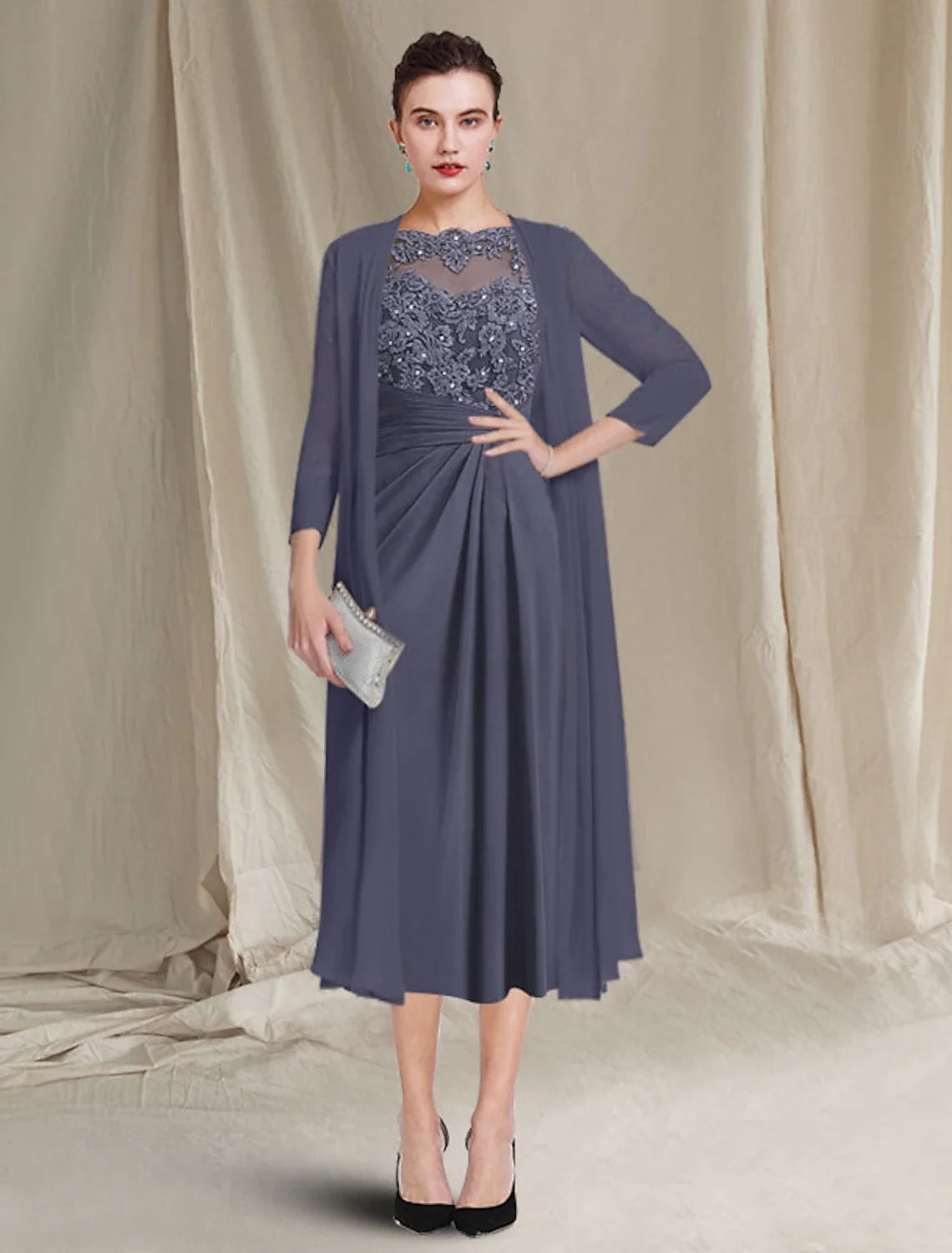 A-Line Chiffon Applique Tea-Length Dress - Chloe Dress