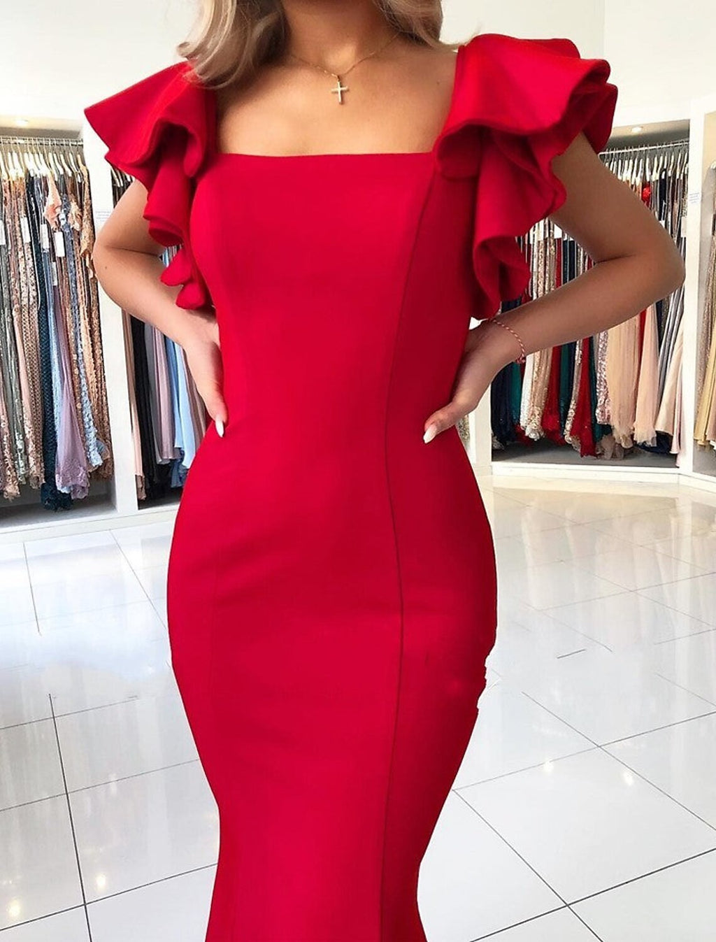 Mermaid Square Neck Sleeveless Backless Ruffled Evening Gown - Chloe Dress