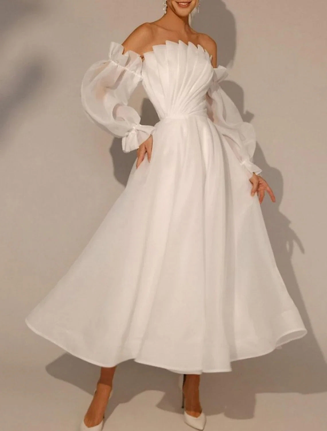 White A-Line Square Neck Organza Long Sleeve Pleated Ankle-Length Wedding Gown - Chloe Dress