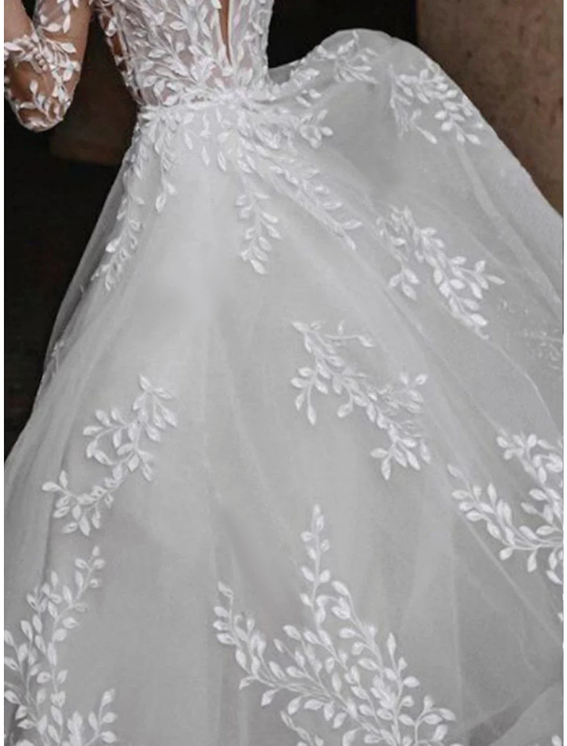 A-Line V-Neck Lace Long Sleeve Pleated Floor-Length Wedding Gown - Chloe Dress