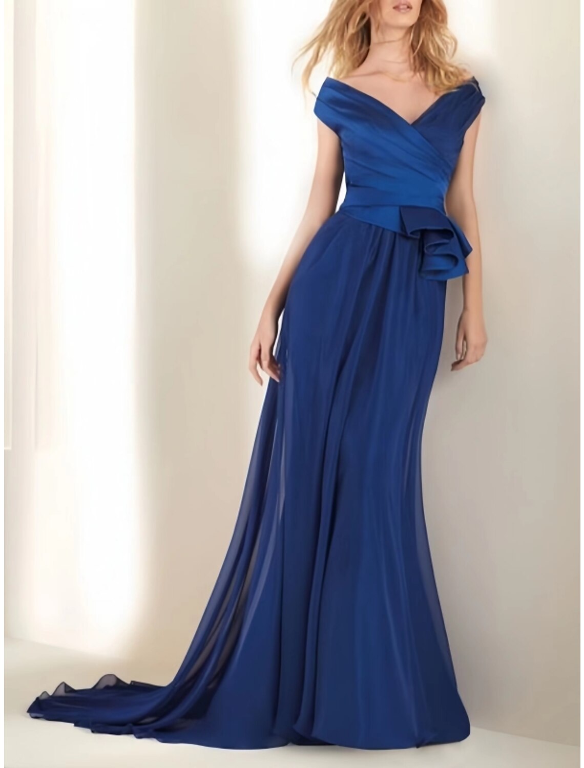 A-Line Off-Shoulder Satin Short Sleeve Ruffled Mini Evening Gown - Chloe Dress