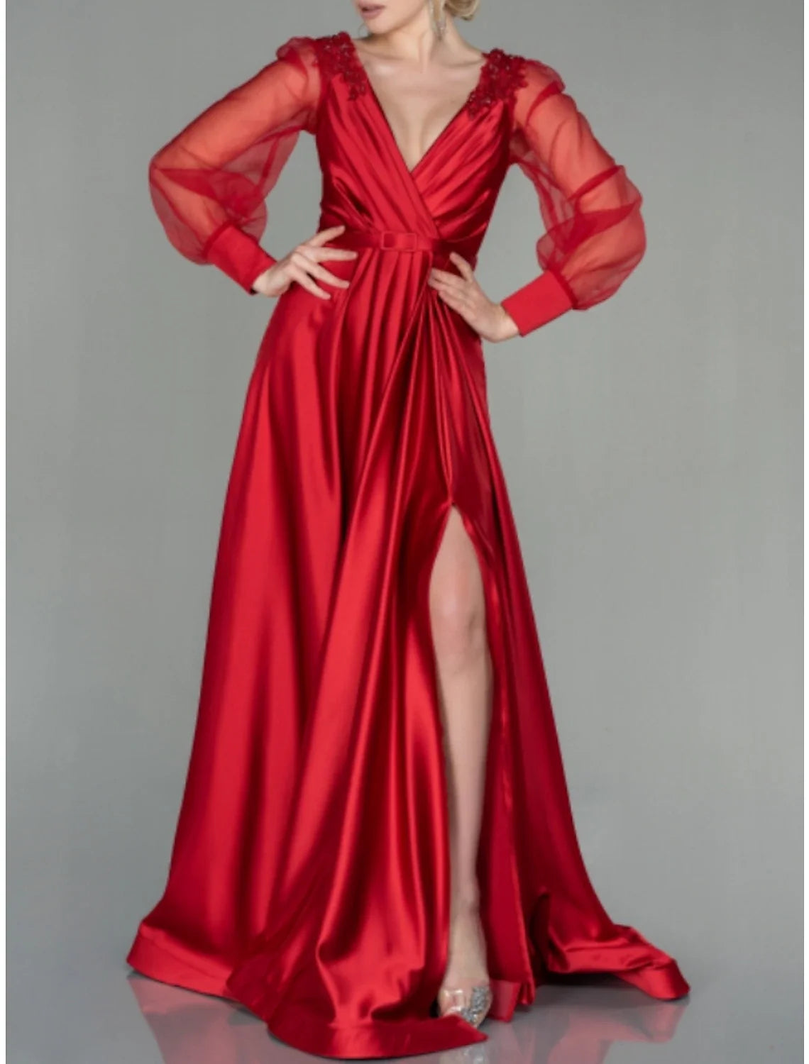 A-Line V-Neck Satin Long Sleeve High Slit Floor-Length Evening Gown - Chloe Dress