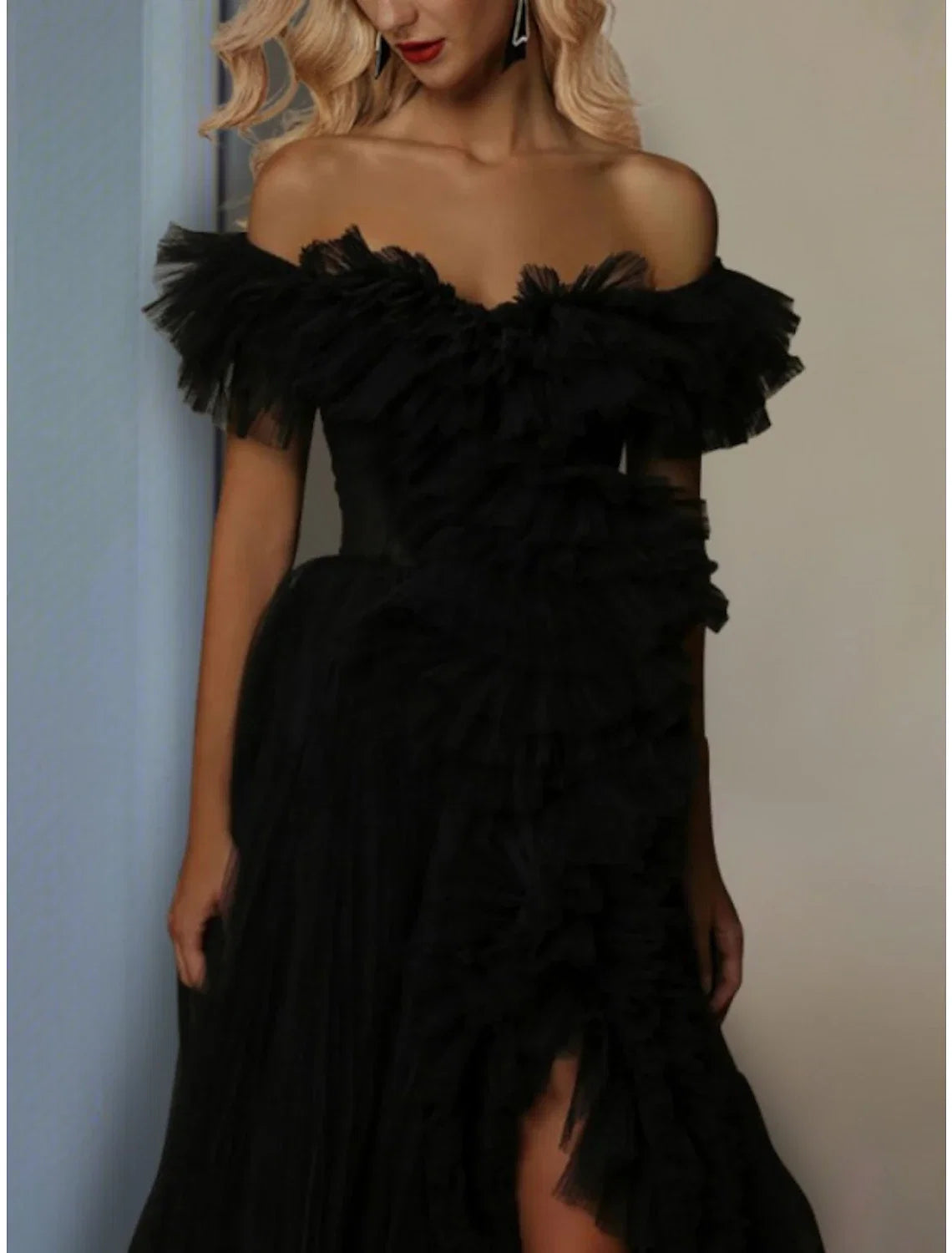 A-Line Off-Shoulder Tulle Short Sleeve High Slit Mini Prom Dress - Chloe Dress