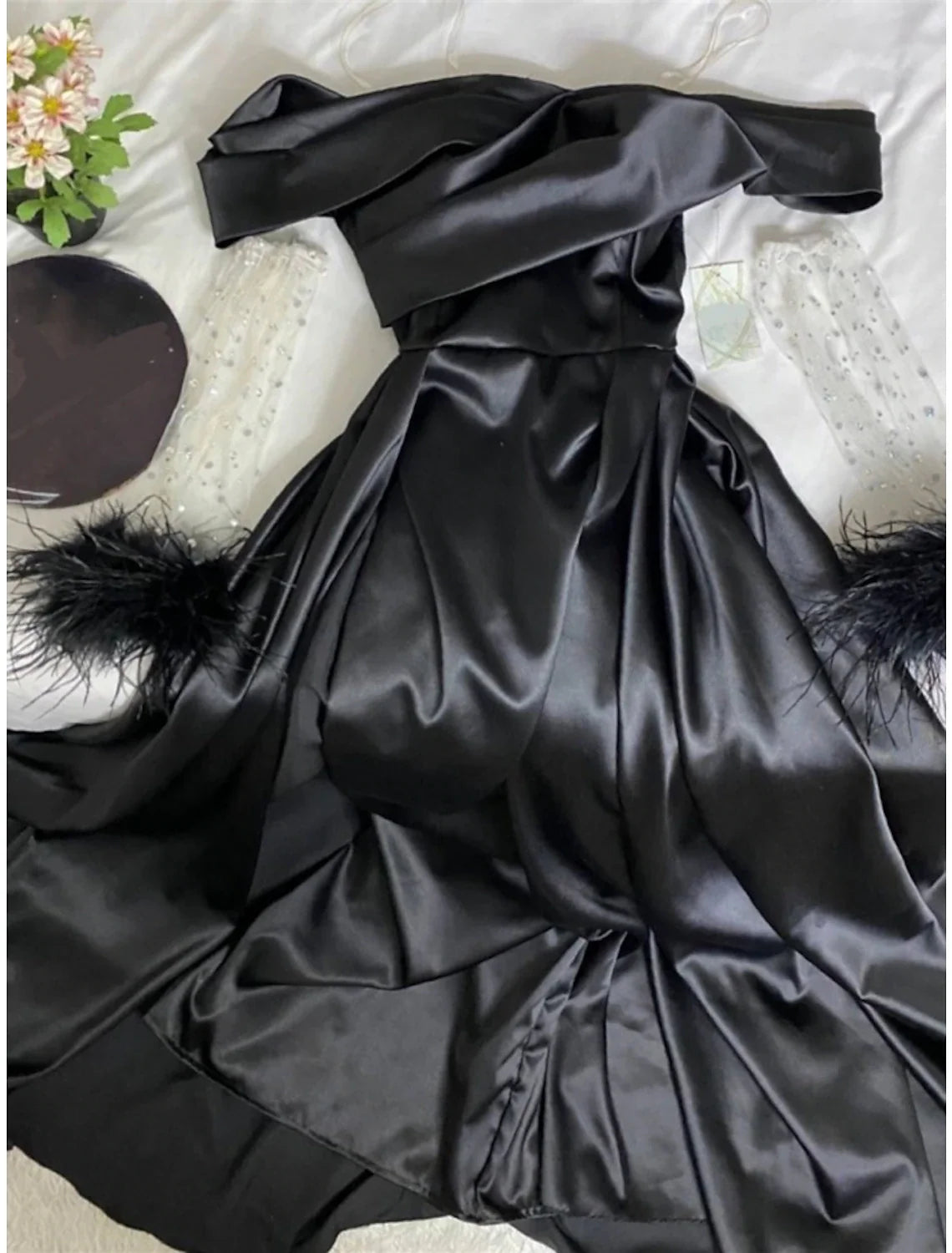 Black A-Line Off-Shoulder Satin Long Sleeve Pleated Evening Gown - Chloe Dress