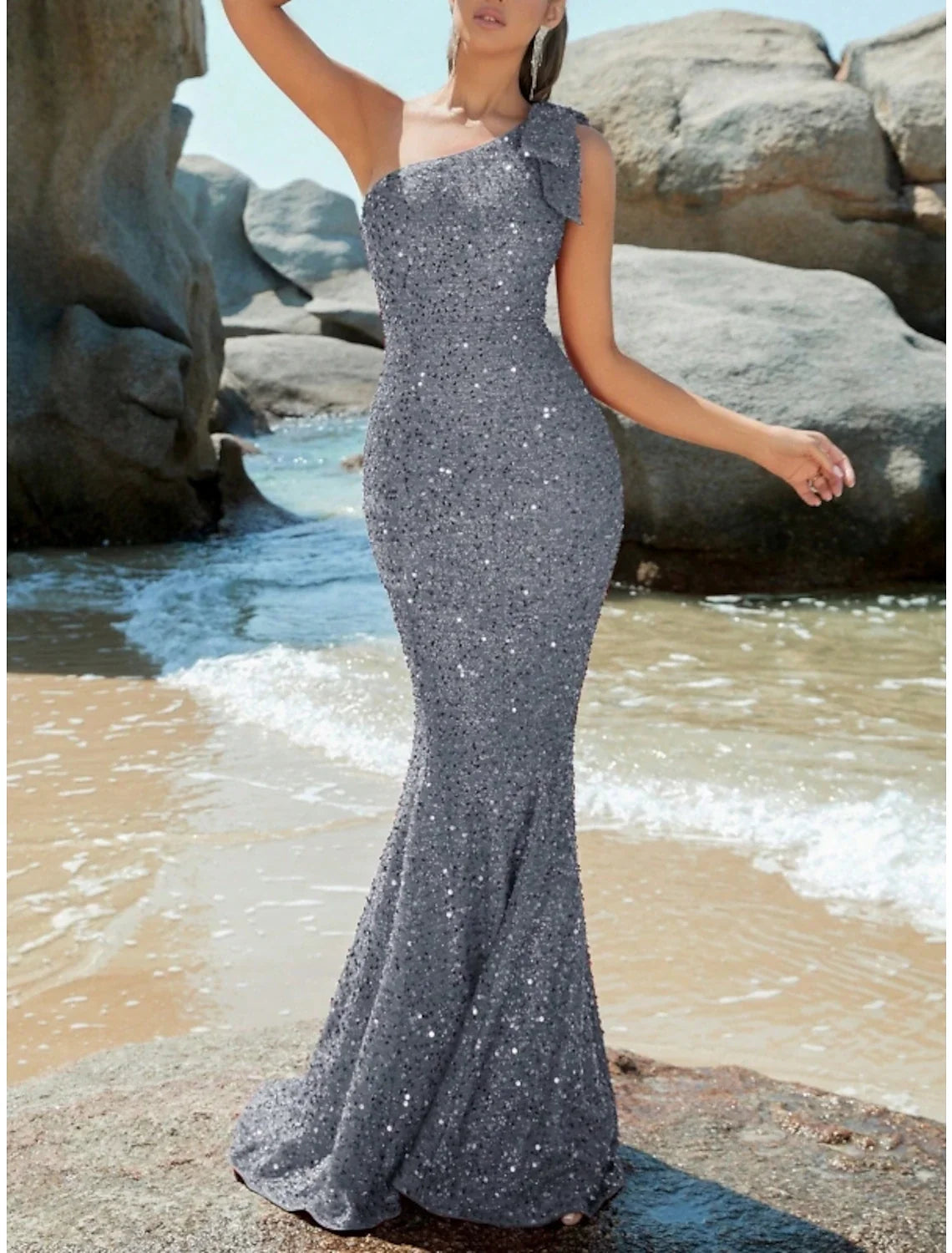Mermaid One-Shoulder Sequin Sleeveless Train Evening Gown - Chloe Dress