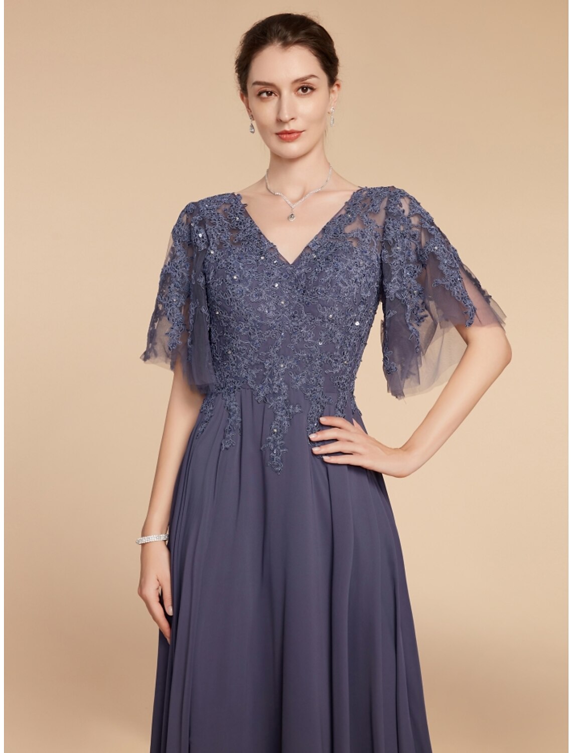 A-Line V-Neck Chiffon Short Sleeve Floor-Length Wedding Dress - Chloe Dress