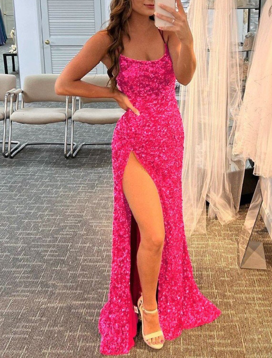 Mermaid Spaghetti Strap Sequin Sleeveless High Slit Floor-Length Prom Dress - Chloe Dress