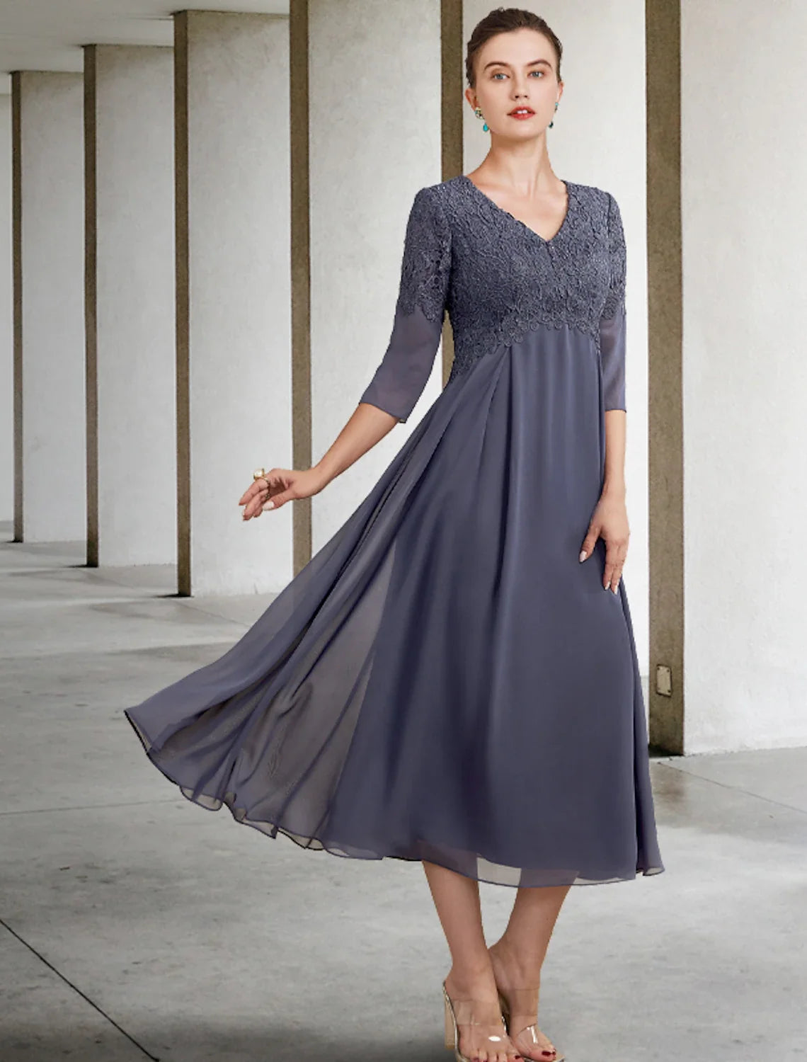 A-Line V-Neck Chiffon Three-Quarter Sleeve Ruffled Tea-Length Wedding Dress - Chloe Dress