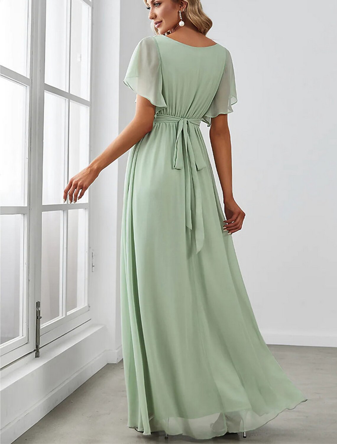 A-Line V-Neck Chiffon Short Sleeve Ruffled Floor-Length Wedding Dress - Chloe Dress