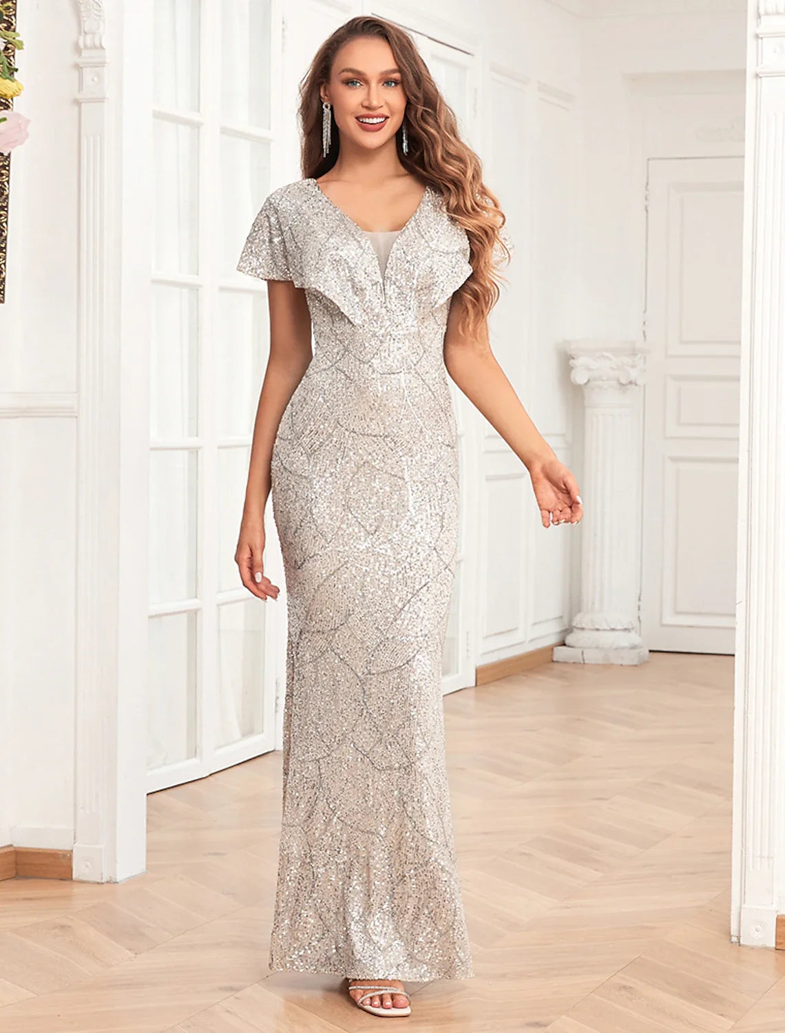 Mermaid V-Neck Sequin Short Sleeve Floor-Length Evening Gown - Chloe Dress
