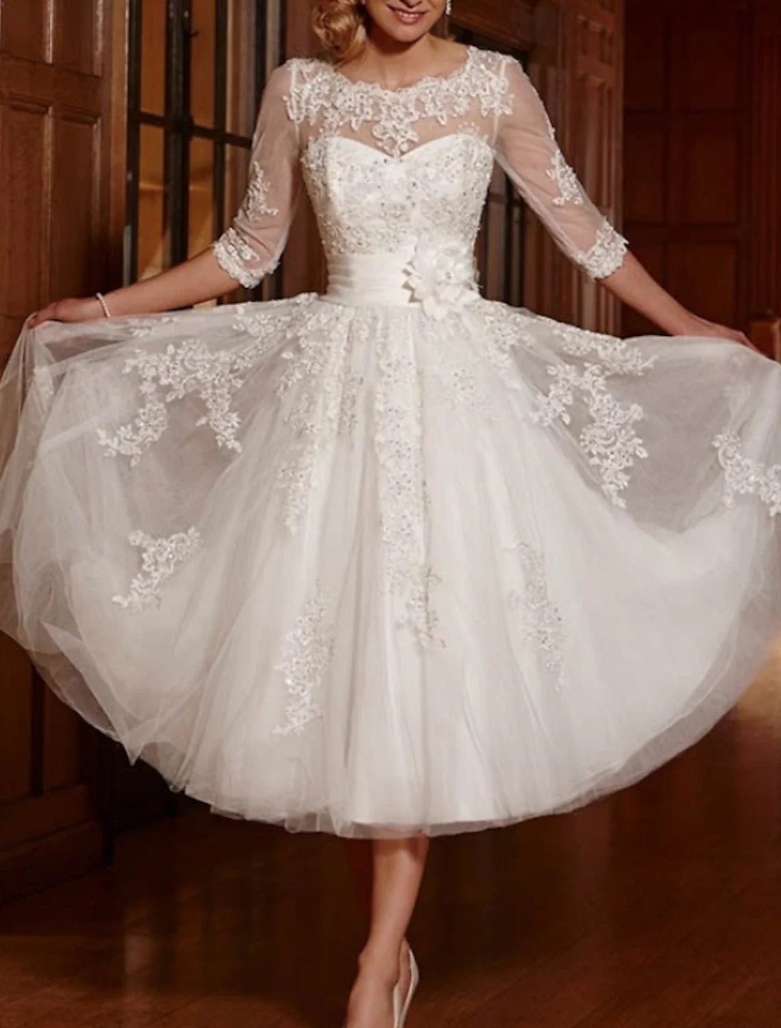 A-Line V-Neck Lace Cap Sleeve Tea-Length Wedding Gown - Chloe Dress