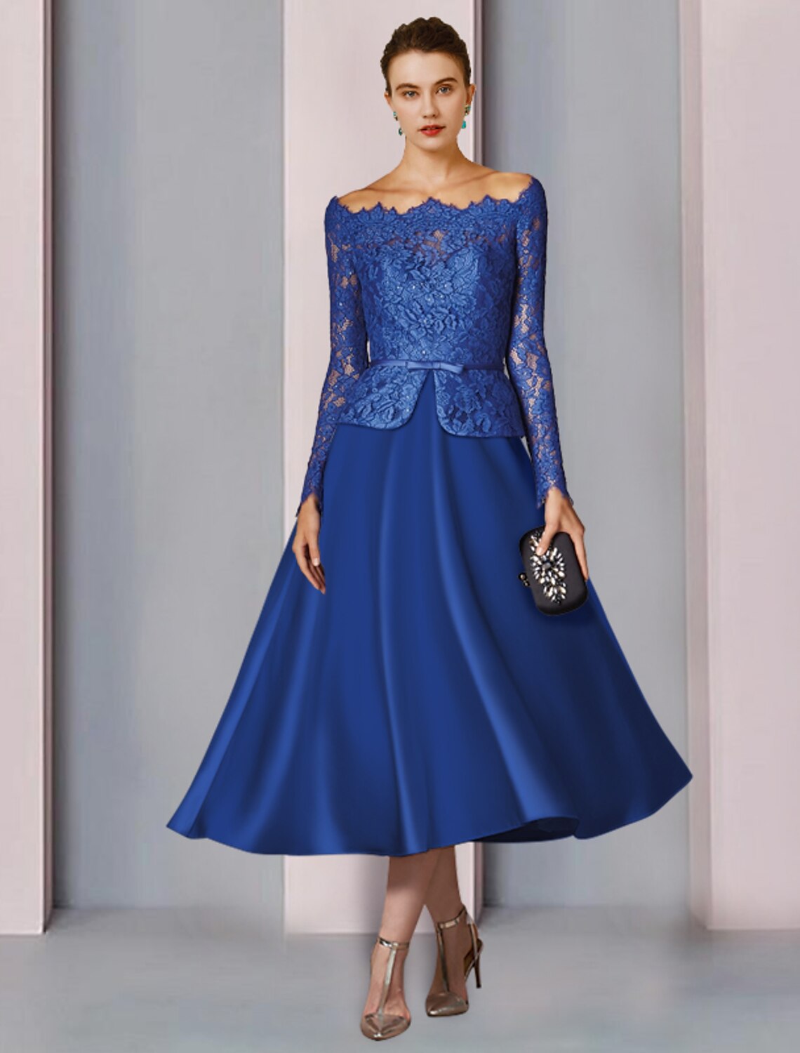 A-Line Off-Shoulder Satin Long Sleeve Tea-Length Party Dress - Chloe Dress