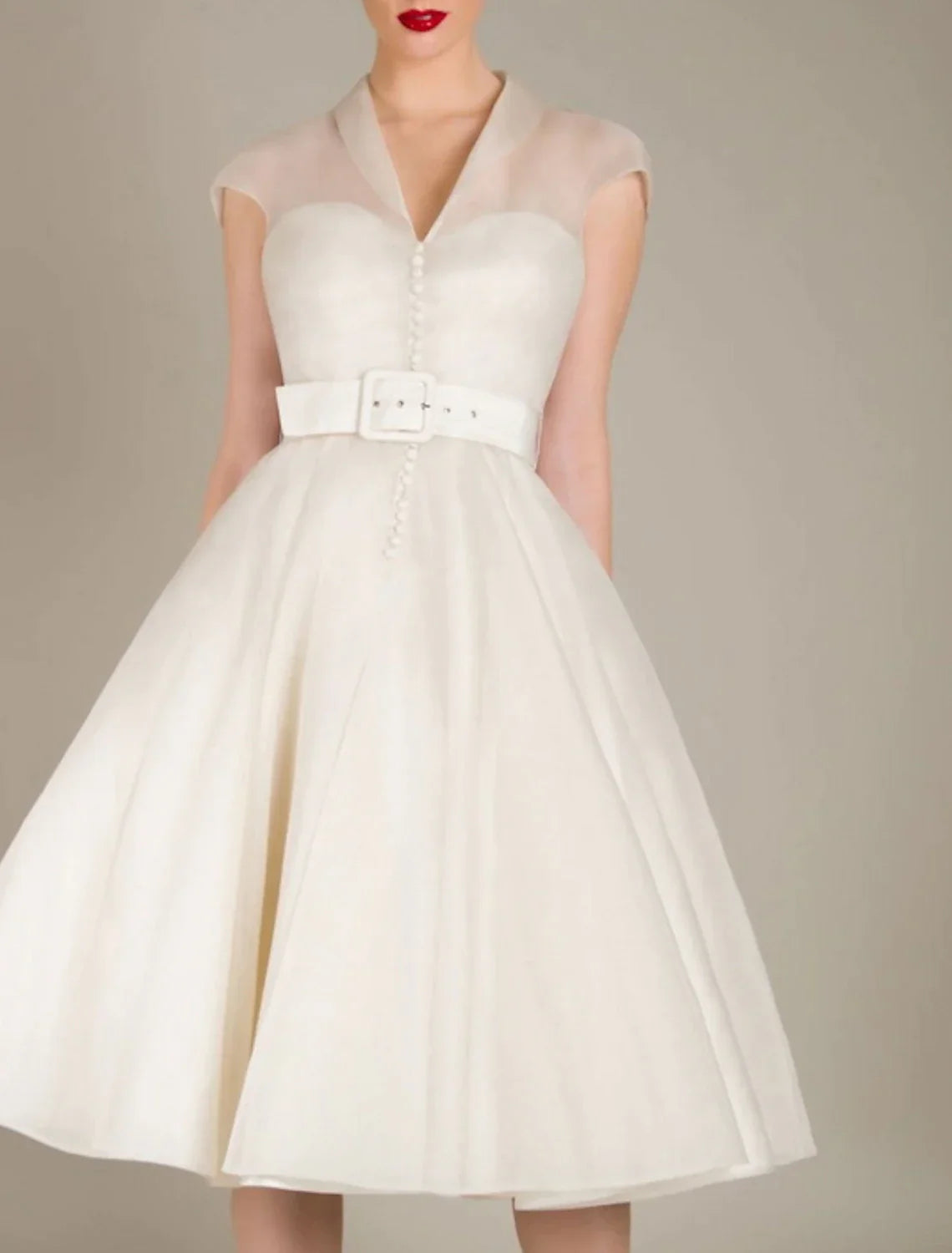 A-Line V-Neck Tulle Sleeveless Knee-Length Wedding Dress - Chloe Dress
