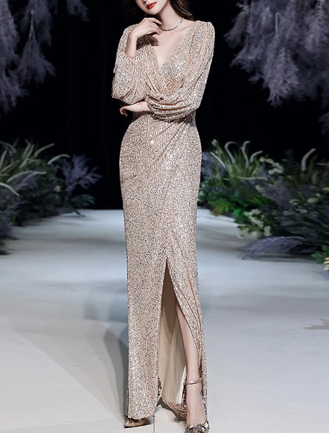 Mermaid V-Neck Sequin Long Sleeve High Slit Floor-Length Evening Dress - Chloe Dress