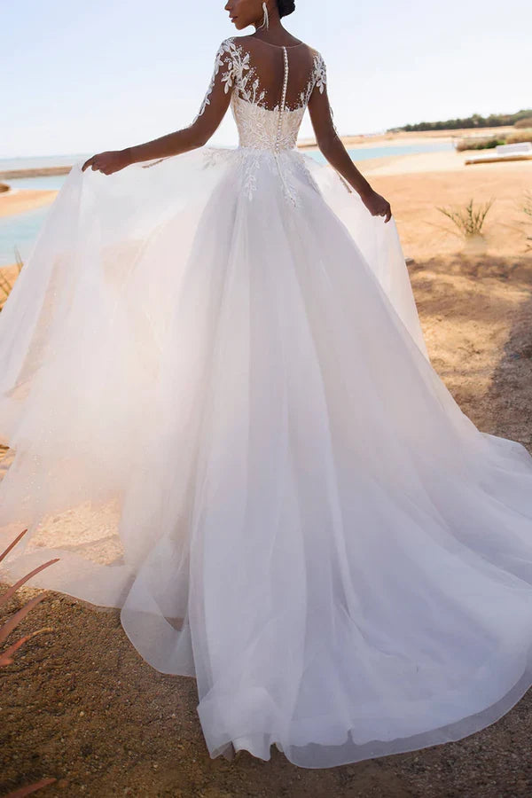 A-Line Illusion Lace Long Sleeve Wedding Dress - Chloe Dress
