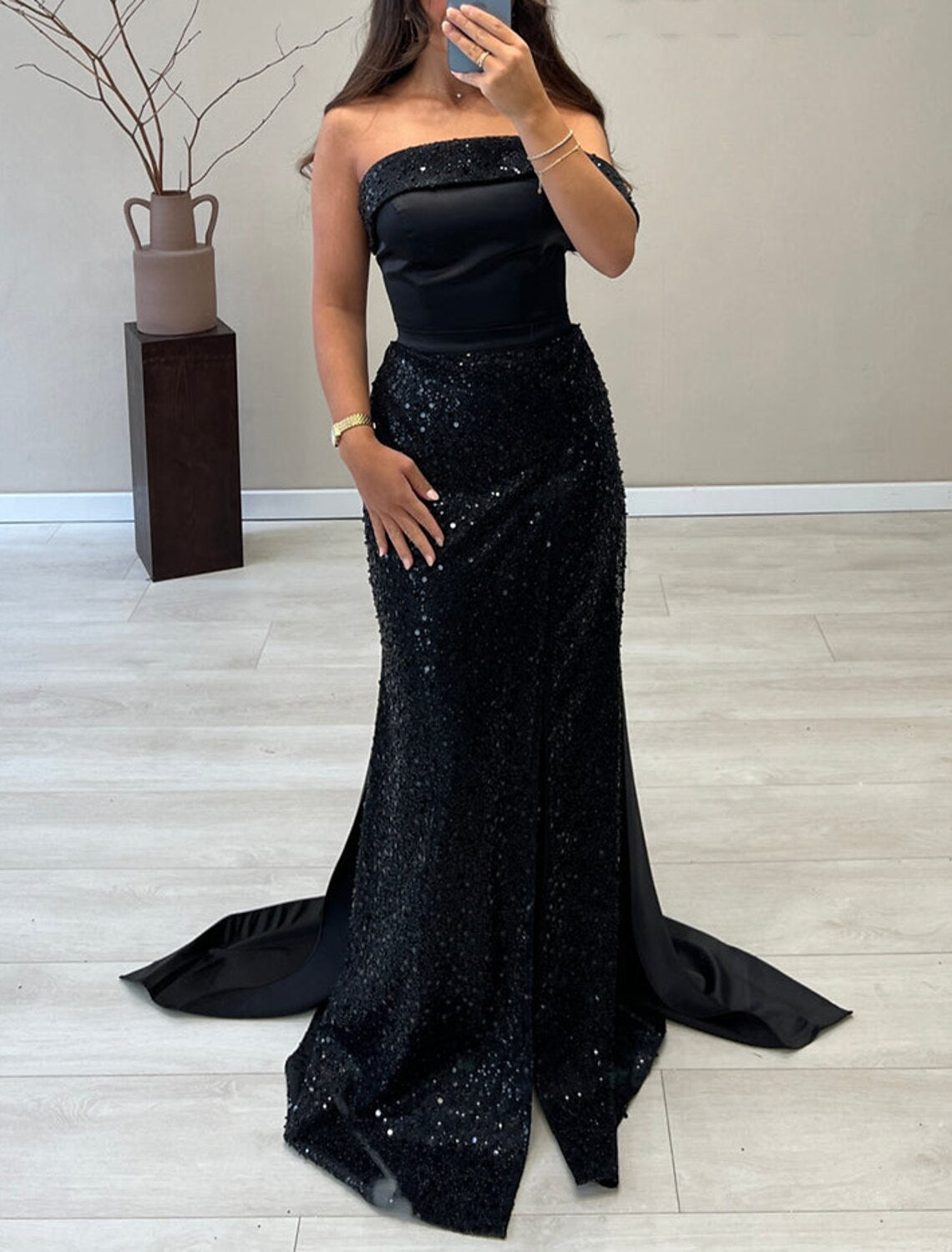 Black Mermaid Strapless Satin Sleeveless Train Evening Gown - Chloe Dress