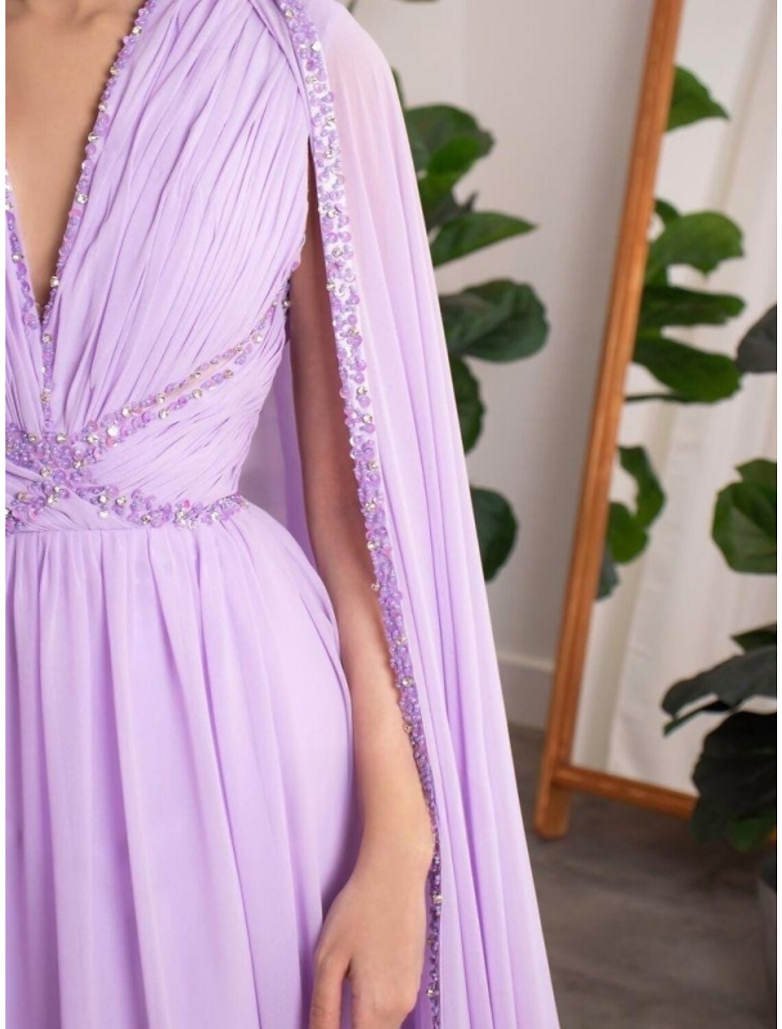 A-Line V-Neck Chiffon Long Sleeve Pleated Evening Gown - Chloe Dress