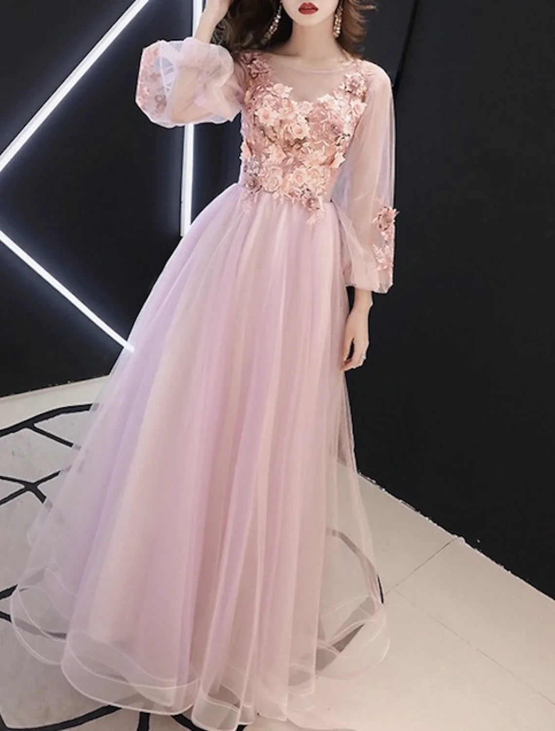 A-Line Illusion Tulle Long Sleeve Applique Floor-Length Prom Dress - Chloe Dress