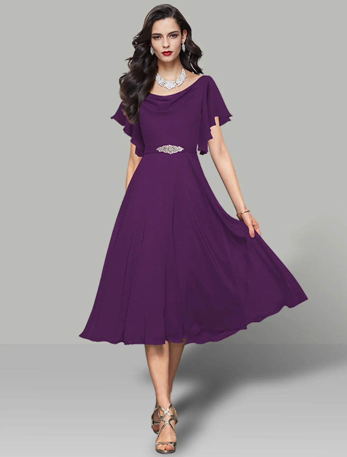 A-Line Cowl Neck Chiffon Short Sleeve Rhinestone Mini Wedding Dress - Chloe Dress