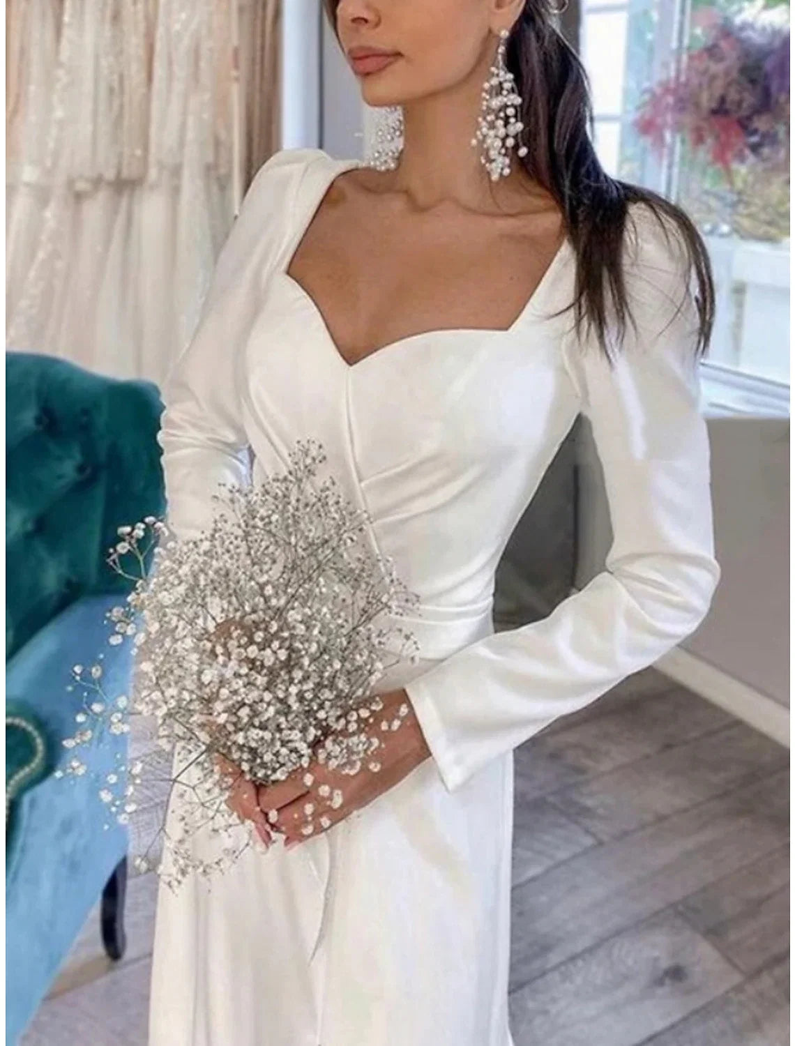 Sheath Sweetheart Satin Long Sleeve Pleated Wedding Gown - Chloe Dress