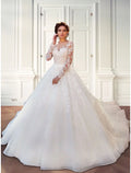 Ball Gown Illusion Lace Long Sleeve Train Wedding Gown - Chloe Dress