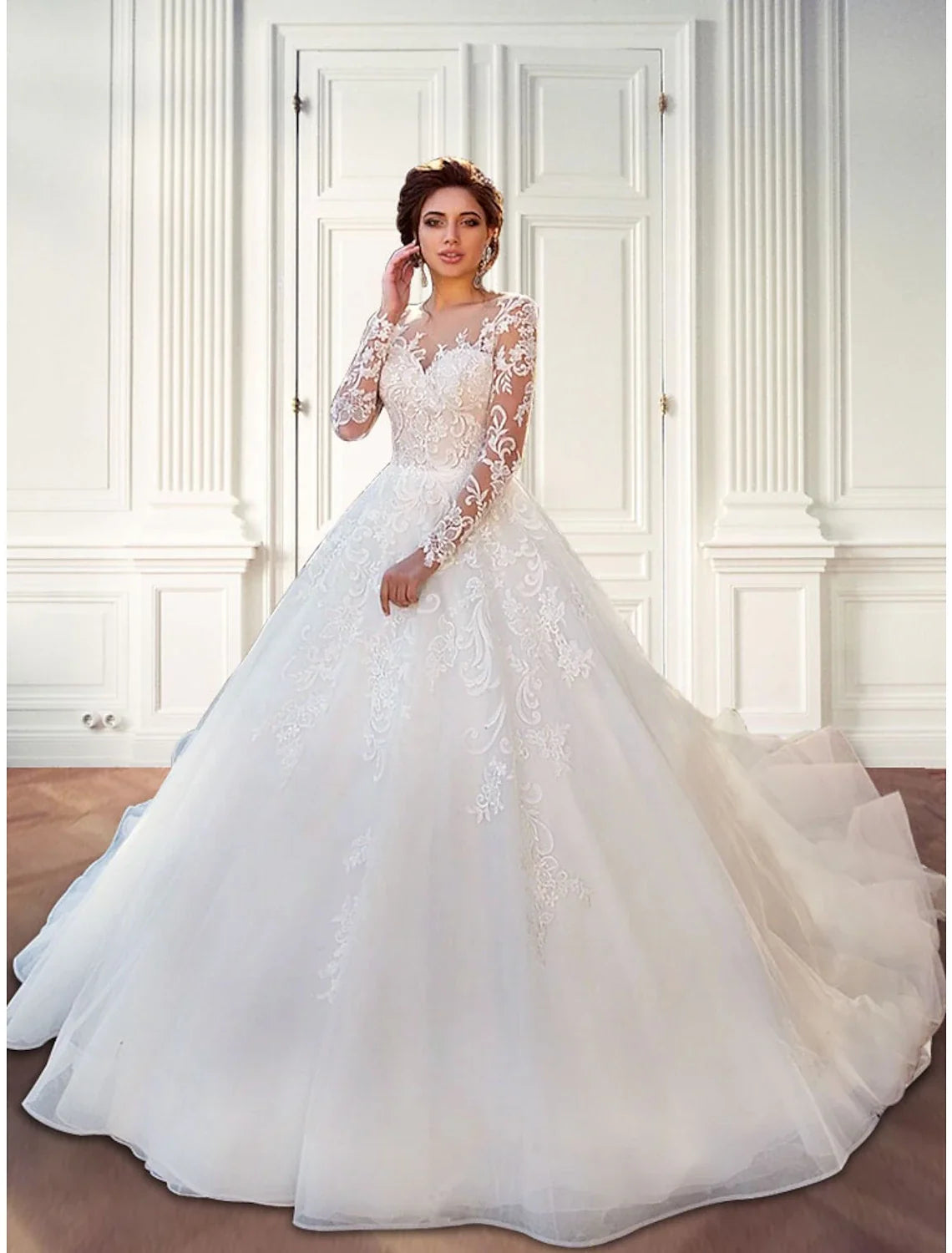 Ball Gown Illusion Lace Long Sleeve Train Wedding Gown - Chloe Dress