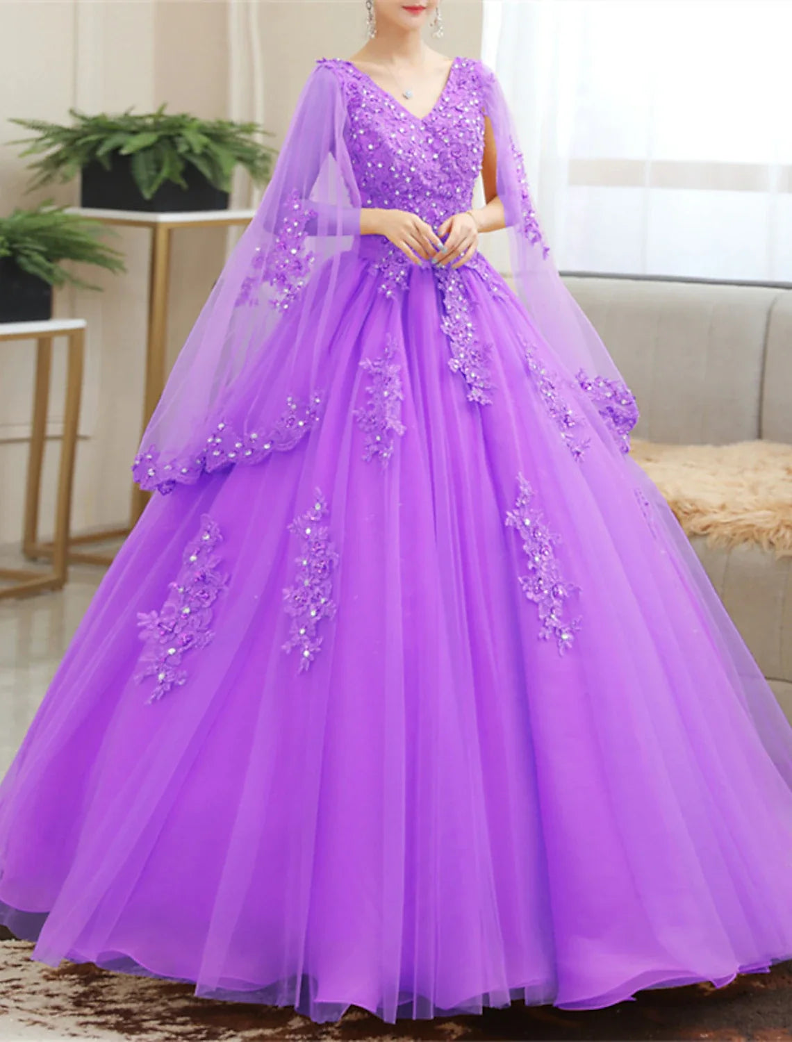 Ball Gown V-Neck Lace Long Sleeve Applique Floor-Length Wedding Gown - Chloe Dress