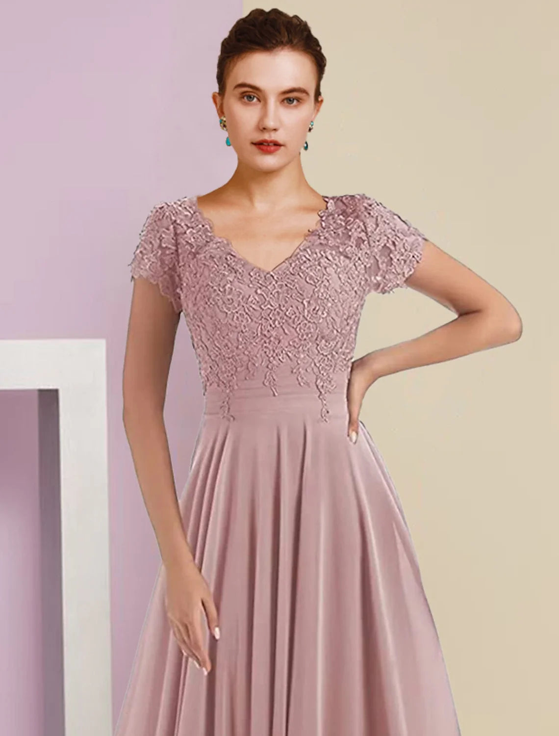 A-Line V-Neck Chiffon Three-Quarter Sleeve Pleated Wedding Dress - Chloe Dress