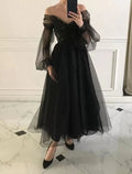 Black A-Line V-Neck Tulle Long Sleeve Applique Ankle-Length Prom Dress - Chloe Dress
