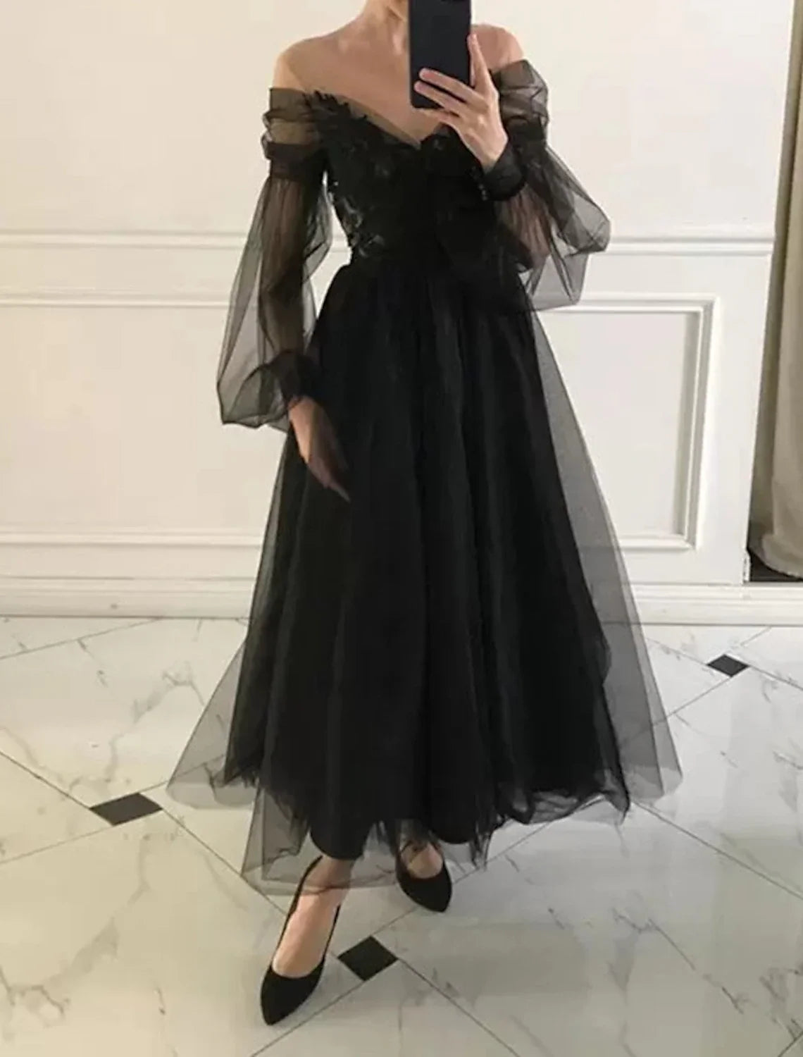 Black A-Line V-Neck Tulle Long Sleeve Applique Ankle-Length Prom Dress - Chloe Dress