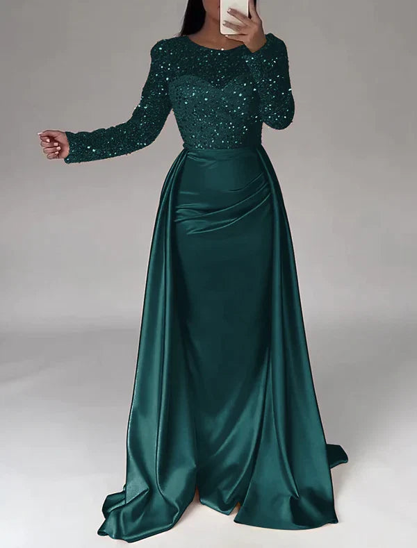 Mermaid Illusion Satin Long Sleeve Floor-Length Evening Gown - Chloe Dress
